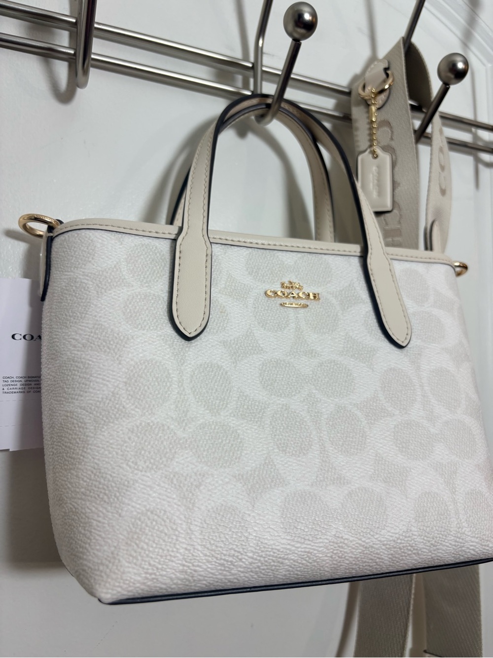 Coach Cream Signature Mini Crossbody Tote with Removable Webbing Strap - Picture 11 of 12